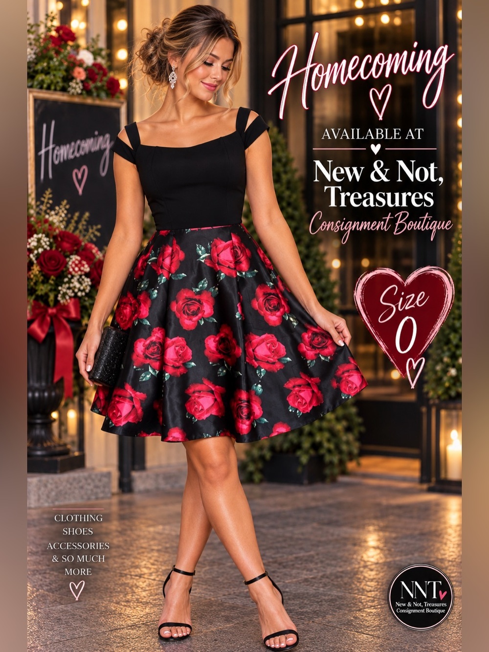Blondie Nites Black Red Rose Charmeuse Off Shoulder Fit & Flare Dress Size 0
